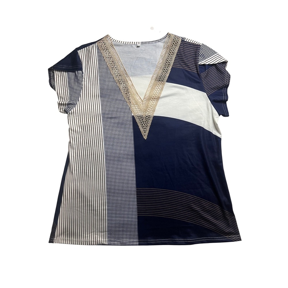 New Trend Women Navy White Geometric Patchwork V-Neck Lace Trim Blouse Large